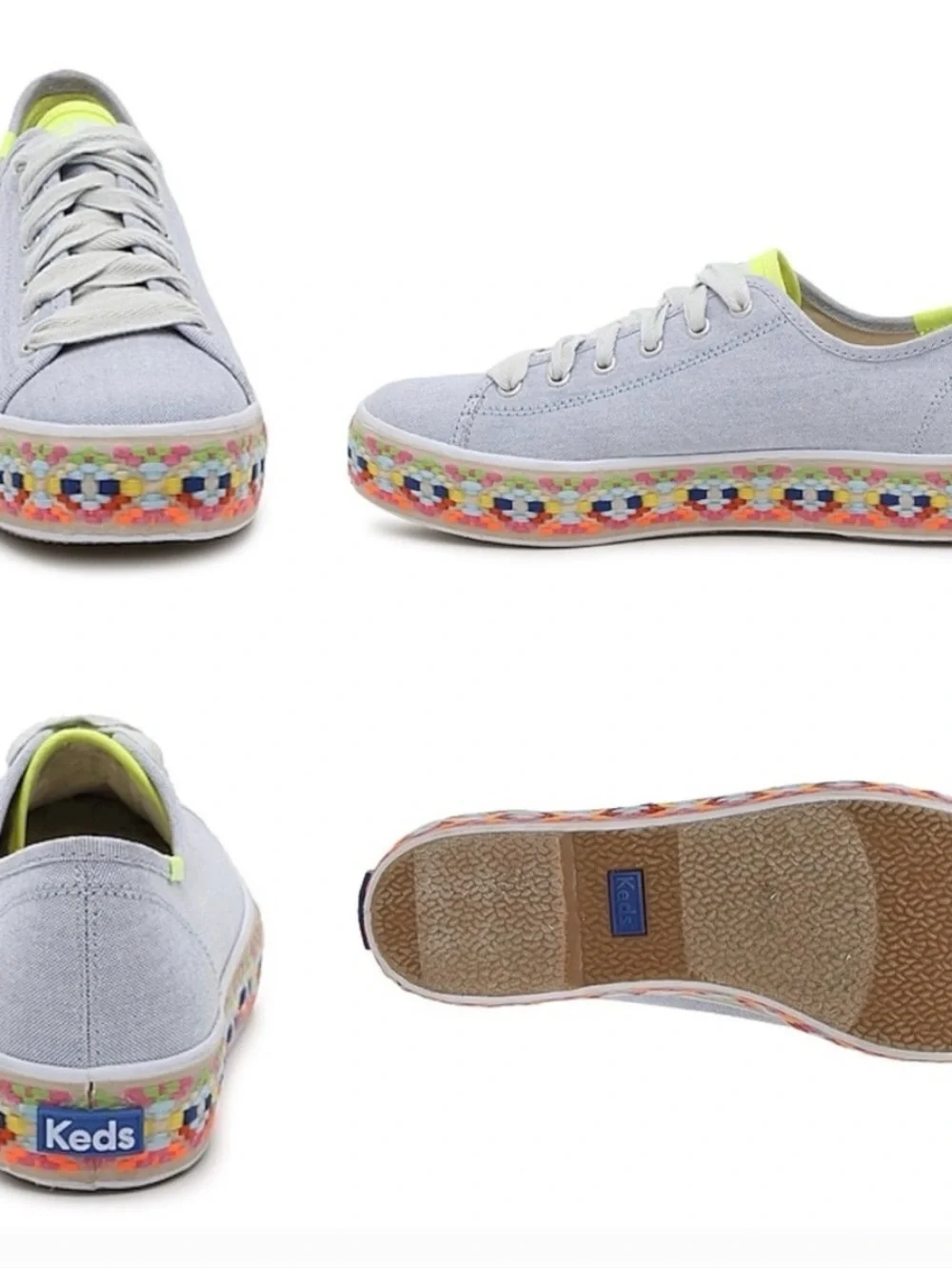 Keds Light Gray Canvas Low-Top Sneaker with Neon Yellow Accent